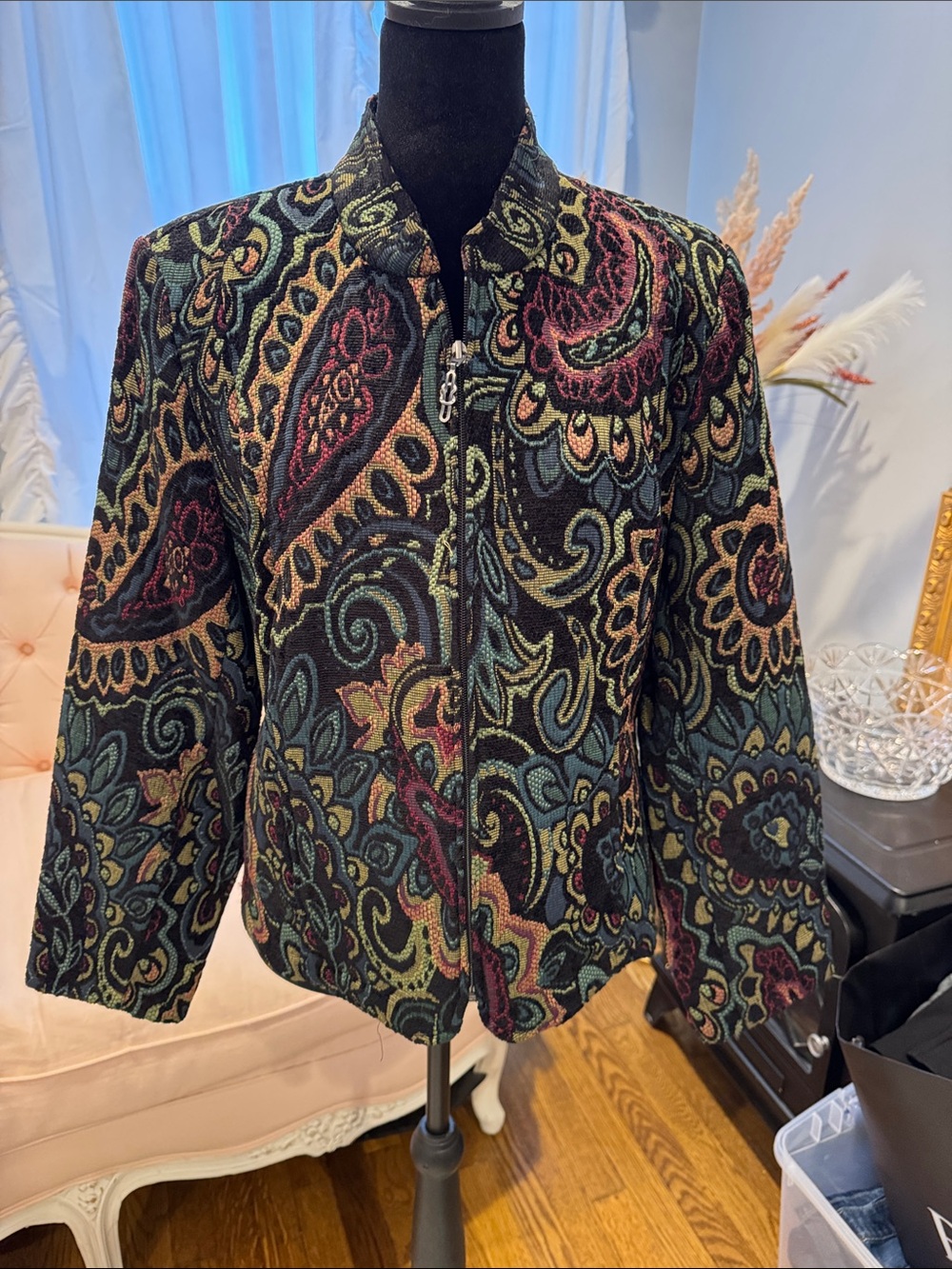 Womens Paisley Zip-Front Blazer Jacket in Black